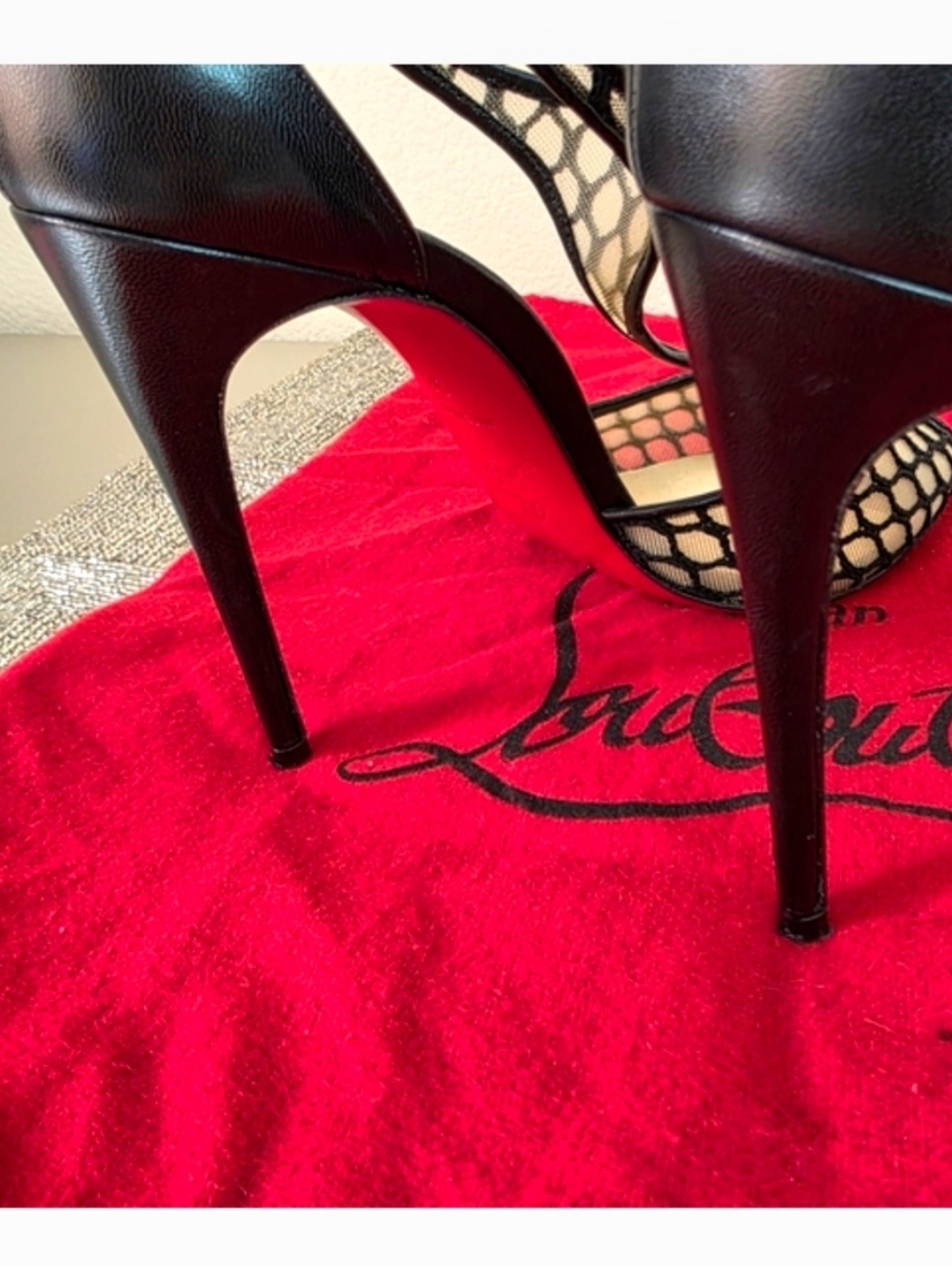 Christian Louboutin Black Leather Sheer Mesh Peep-Toe Heels EU 38 / US 8 - Picture 10 of 13